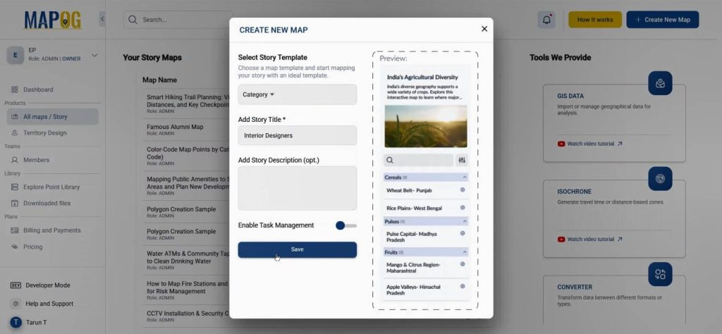 An interactive project map setup with title and description for interior design.