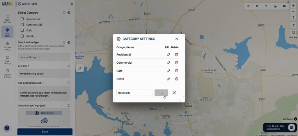 Categorizing design projects into residential, commercial, and retail points.