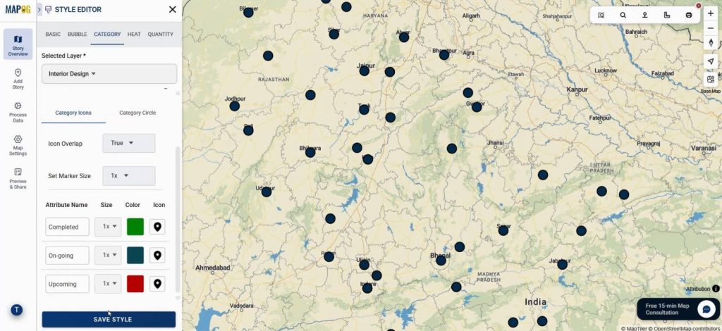 A styled interactive map with colored categories project points.
