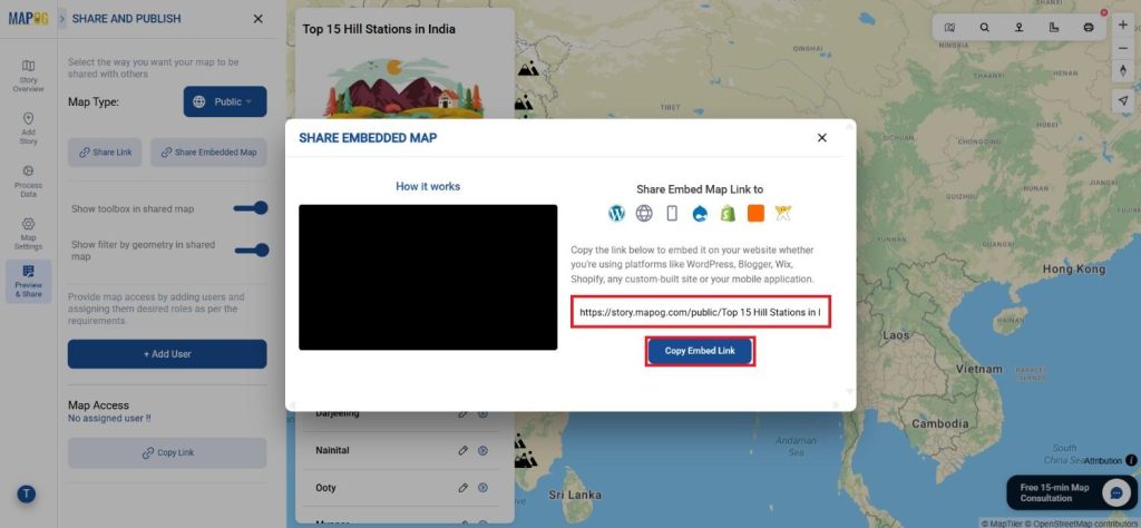 Embed map option inside MAPOG’s preview and share feature.