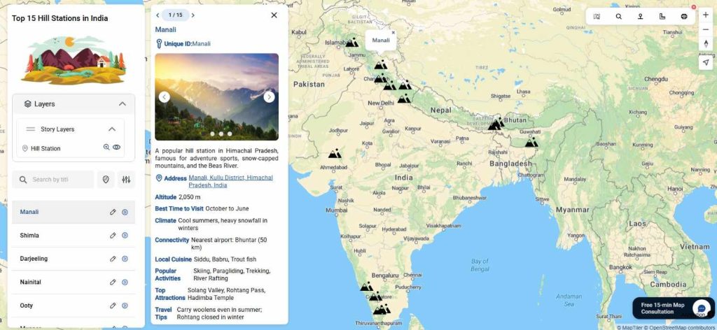 Map of Indian hill stations with clickable pins showing travel insights.