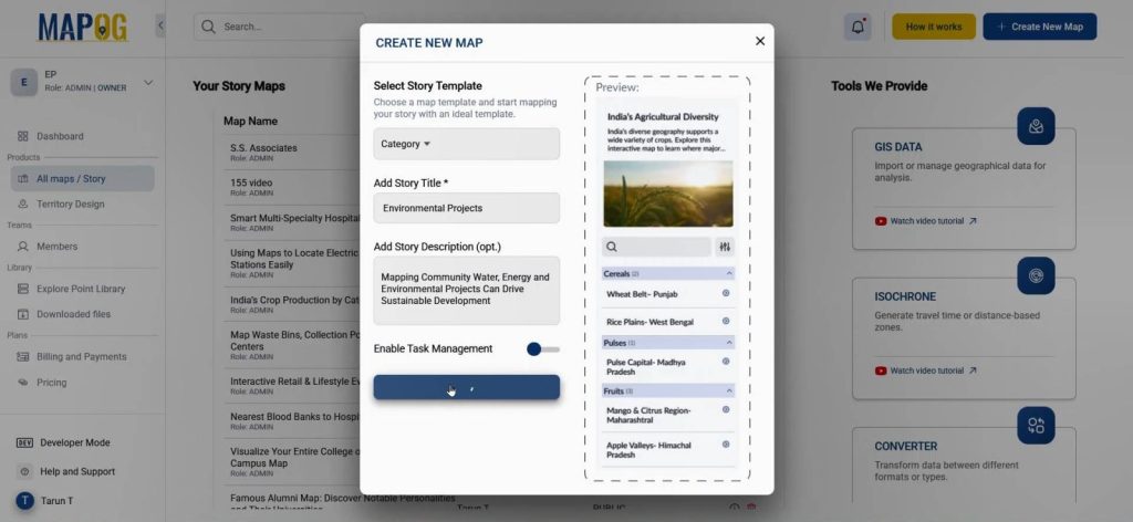 Interactive map creation with title and description for community projects.