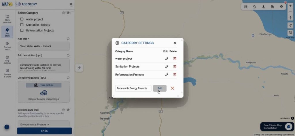 Category settings panel showing Mapping Community Water, sanitation, reforestation, and renewable energy groups.