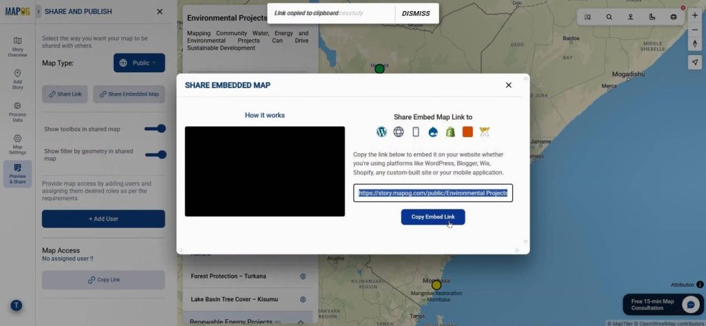 Shared public view of interactive environmental project map.
