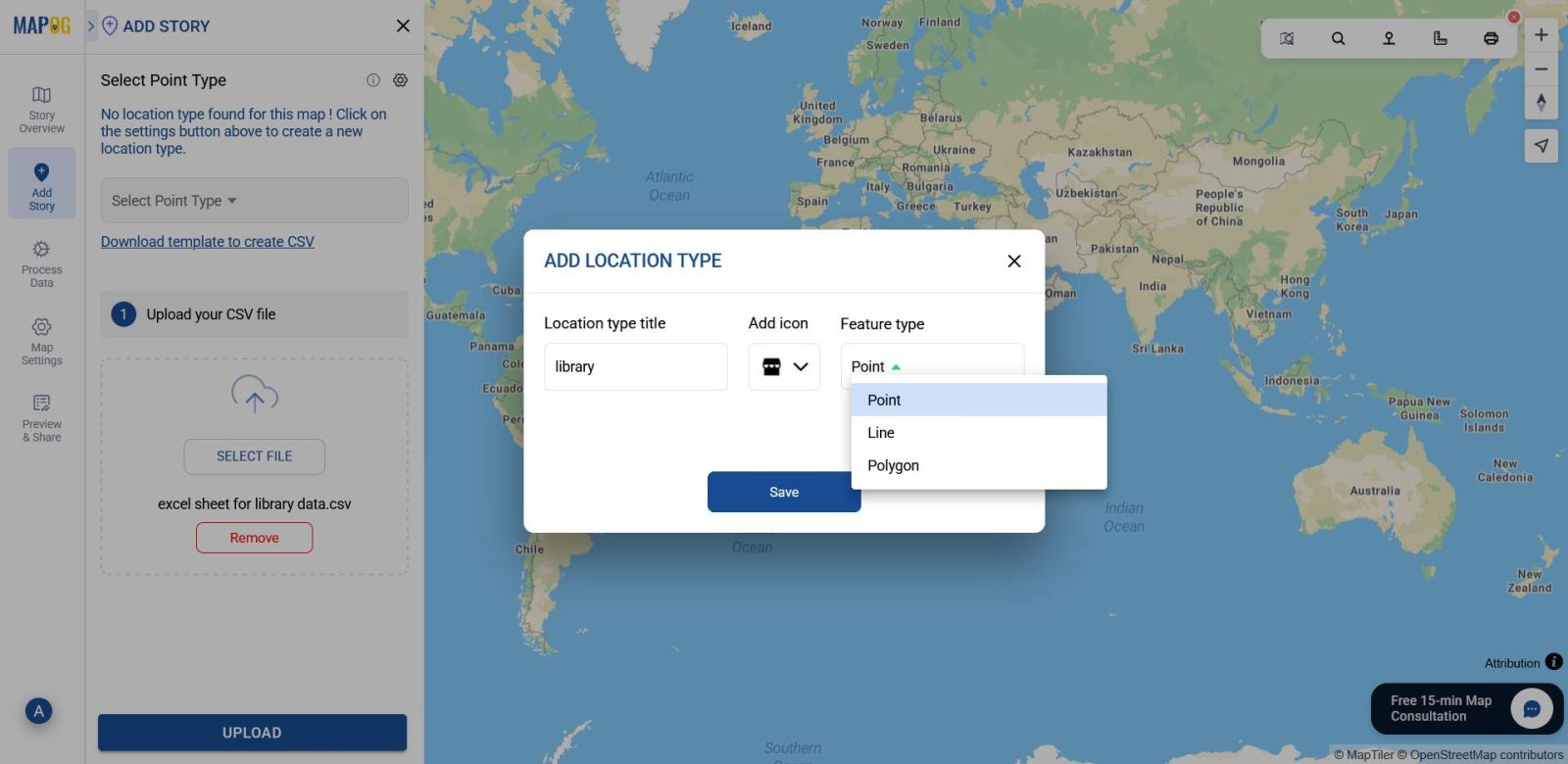 select feature type like point , line or polygon for individual locations.