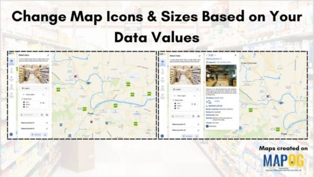 Change Map Icons & Sizes Based on Your Data Values. Visualize your data based on performance of individual stores in your retail chain stores.