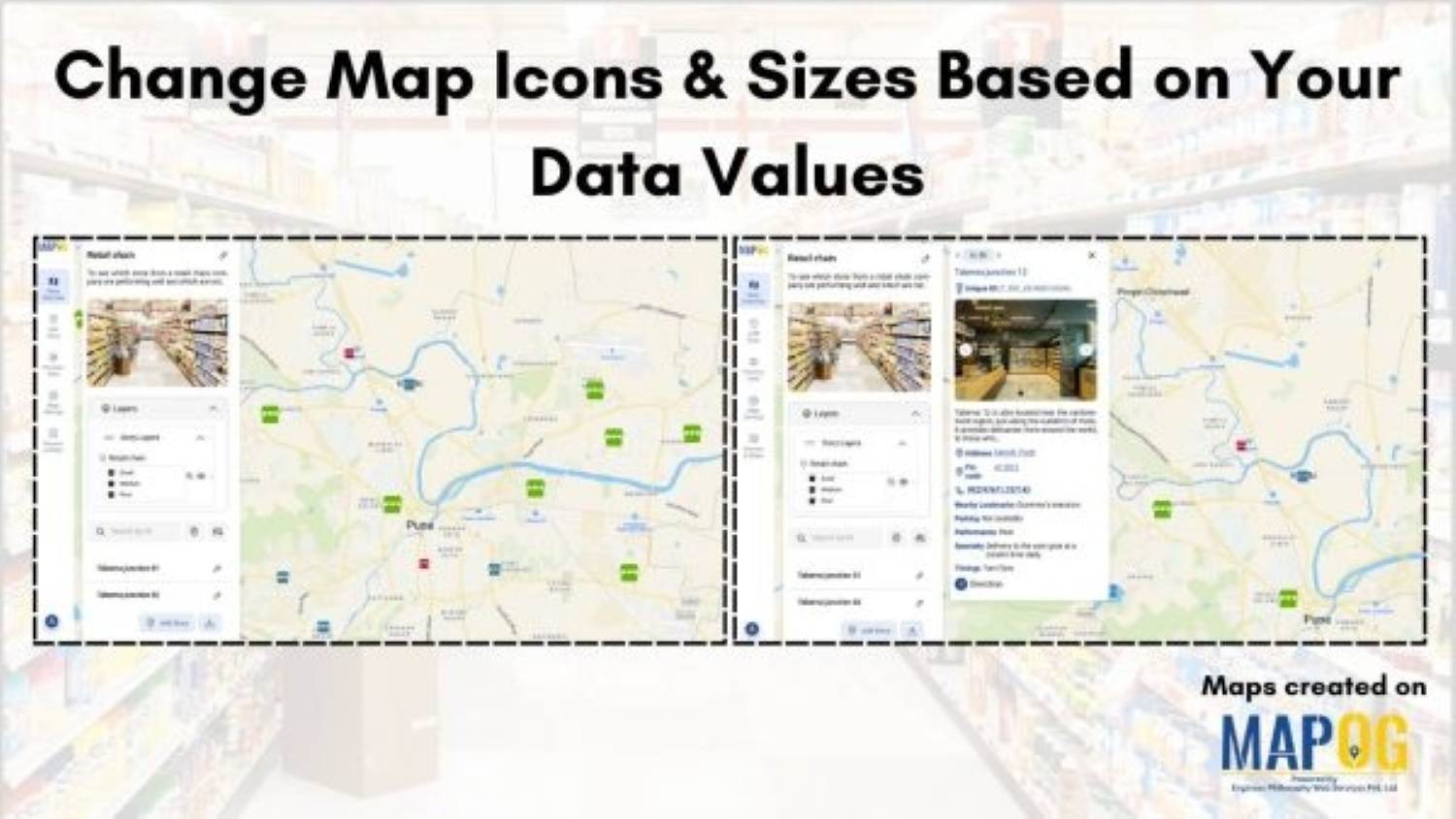 Change Map Icons & Sizes Based on Your Data Values. Visualize your data based on performance of individual stores in your retail chain stores.