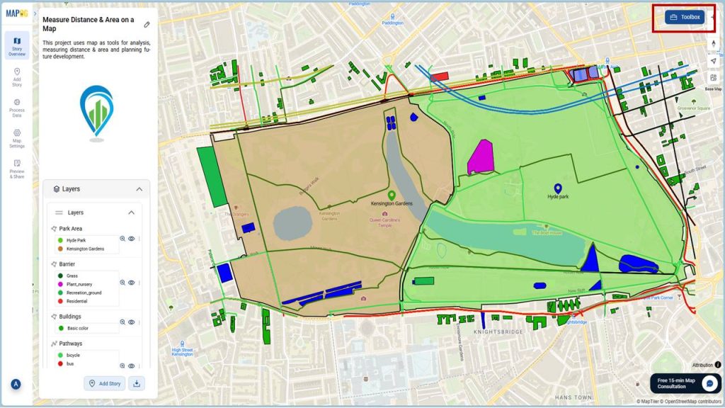 To measure Distance and Area go to the Toolbox