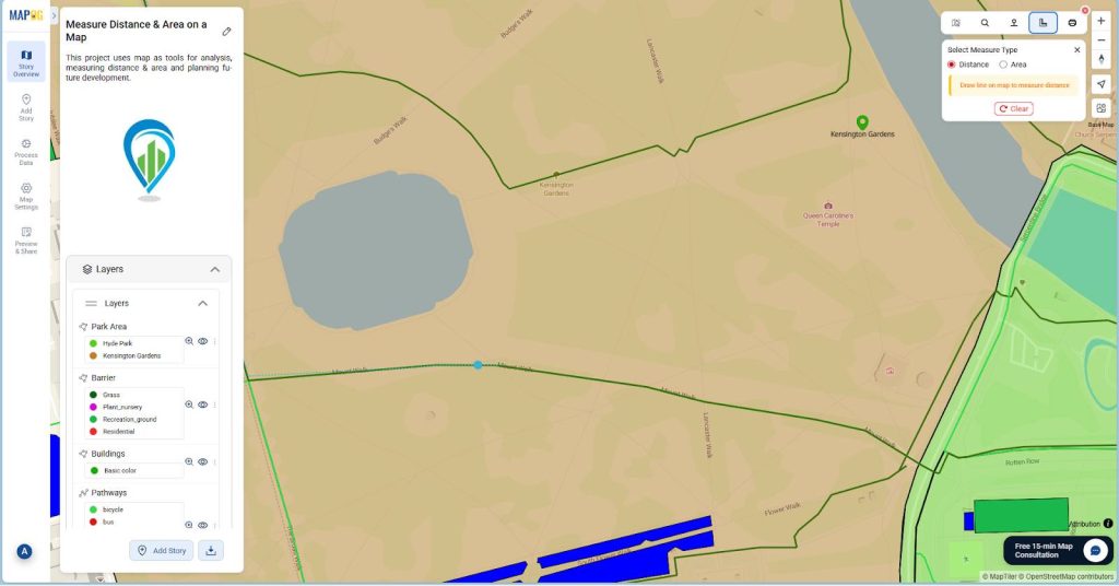 Draw line on map to measure distance.