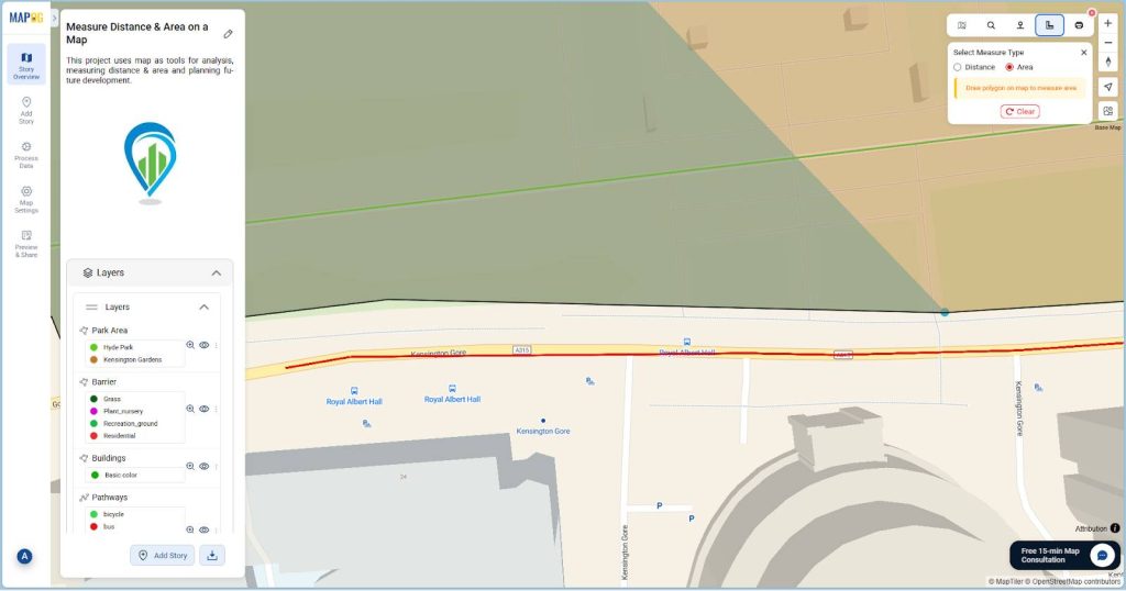 Draw polygon on the map to measure area.
