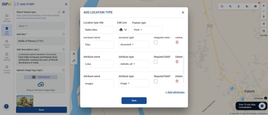 Addition of Loaction Type Points Attaching files, links, and images to history map pins