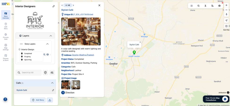 An interactive map highlighting property pins with pop-ups showing images and room details.
