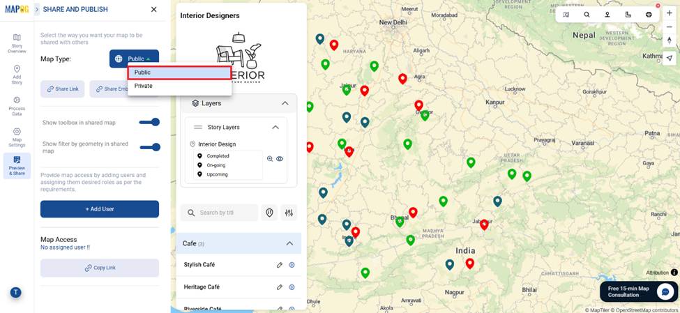 Set the map view to private or public
