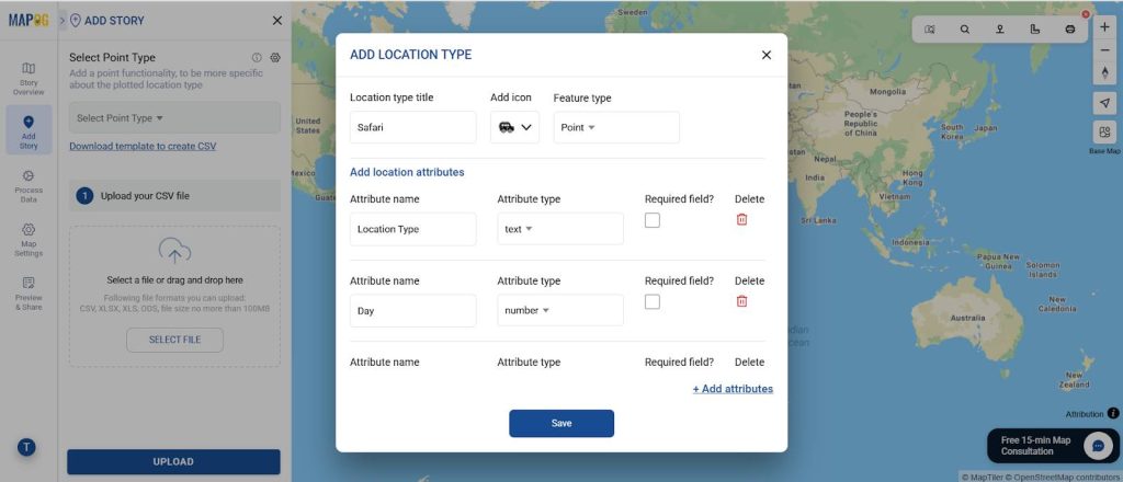Safari Itinerary Map location type
