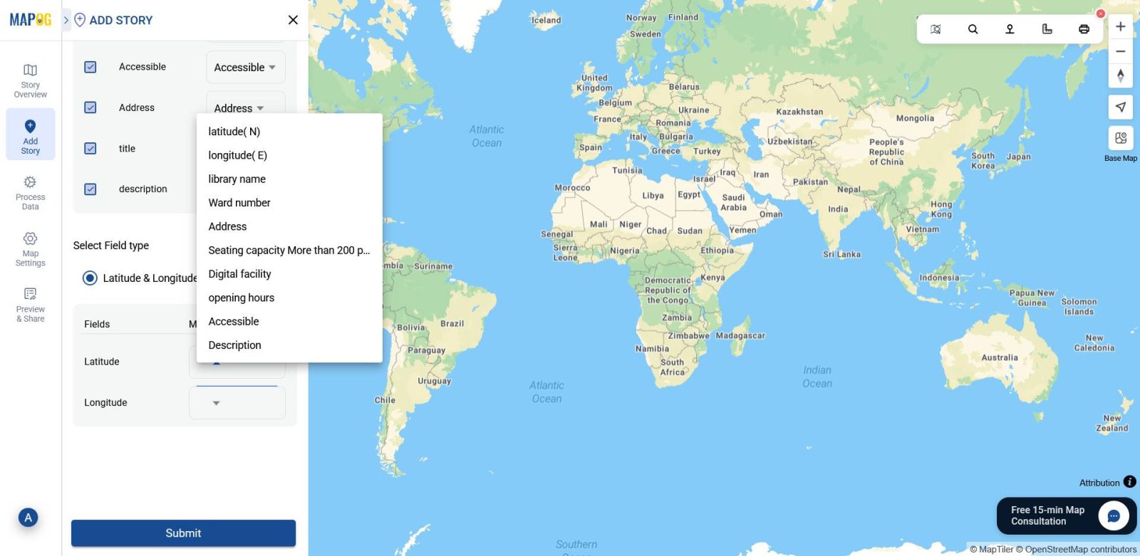 The image showcases field alignment for latitude and longitude.
