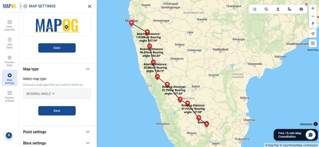 Automated Tools to Calculate Bearing Angle, and Distance on Maps