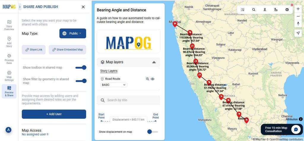Automated Tools to Calculate Bearing Angle, and Distance on Maps