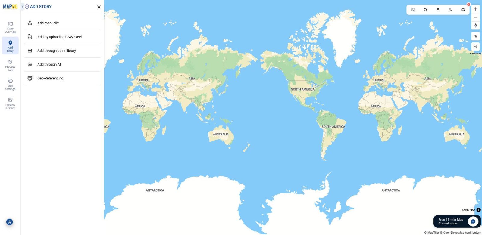 MAPOG interface showing the Add Story section with georeferencing option to select and enable georeferenced PNG overlay setup.