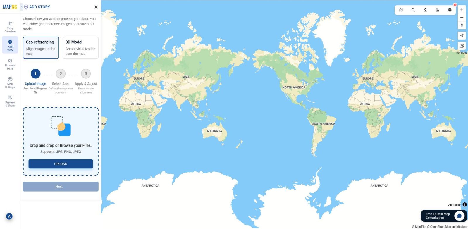 Shows to click the “Upload” button in MAPOG to browse PNG file.