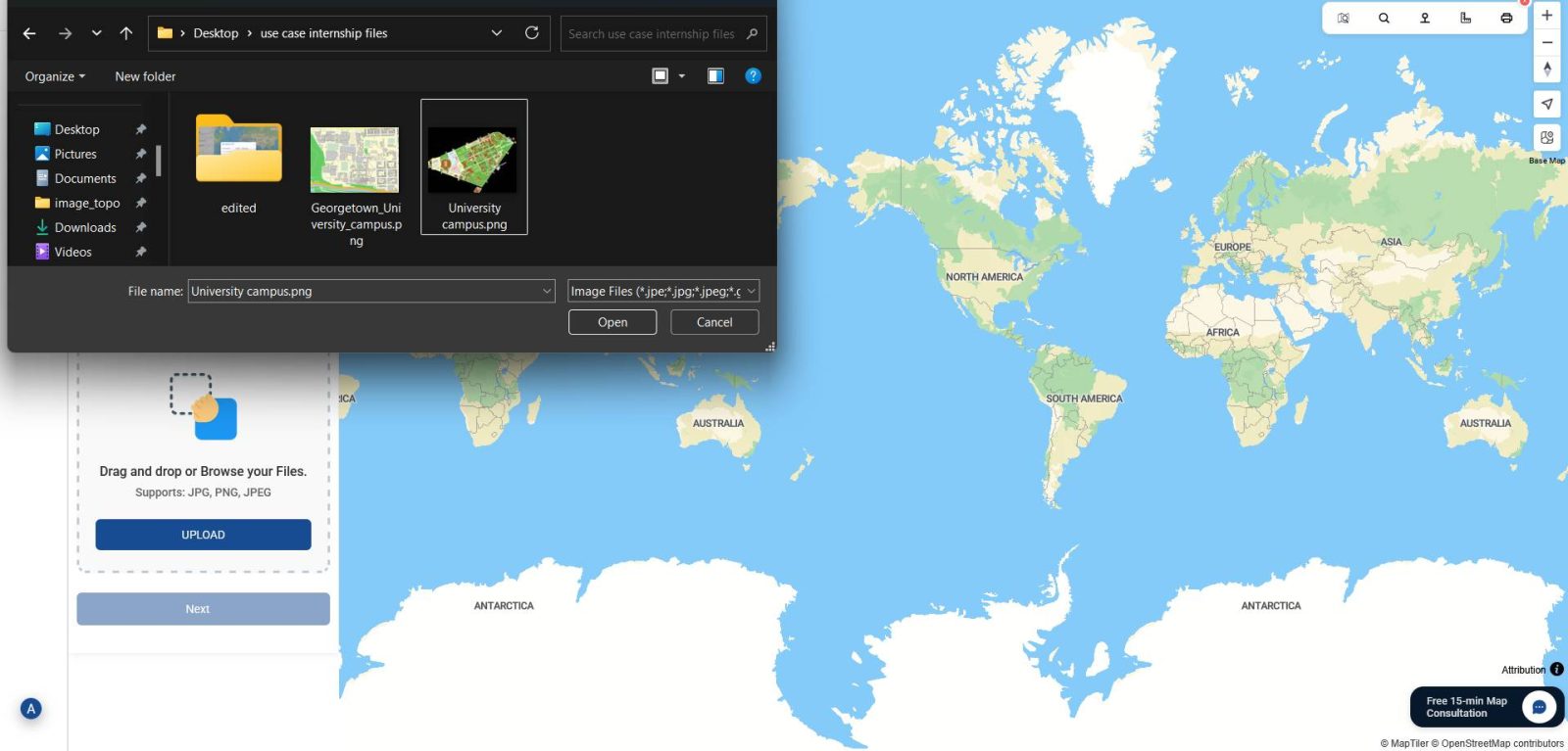 Selecting PNG file for georeferenced overlay placement on the map.