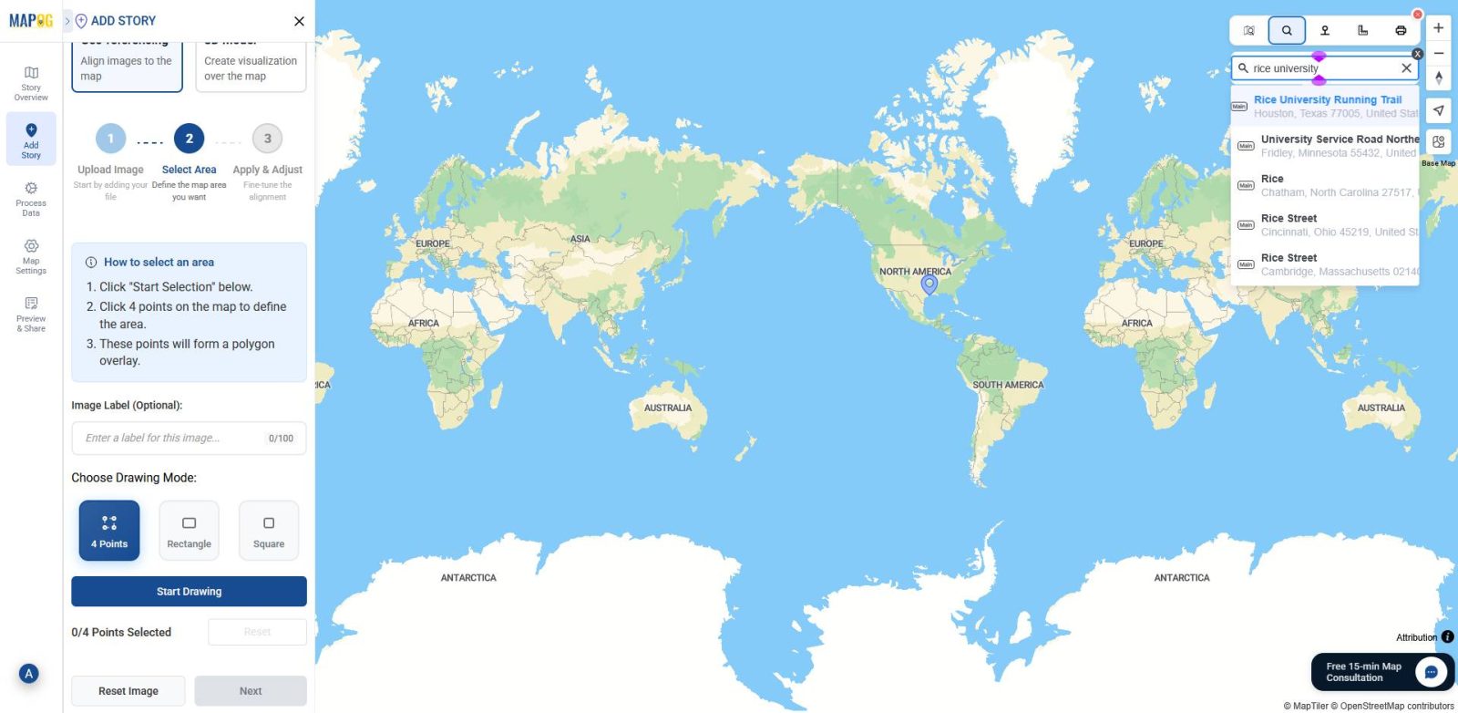 Shows toolbox with search icon used to locate the target area for placing the georeferenced PNG overlay.