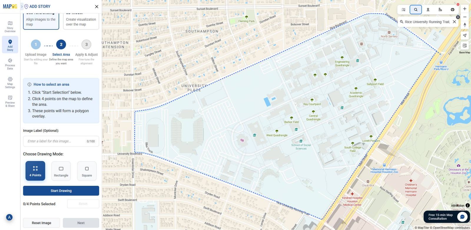 Drawing mode selection screen  shows options like “4 Points,” “Rectangle,” and “Square” for anchoring the PNG overlay.