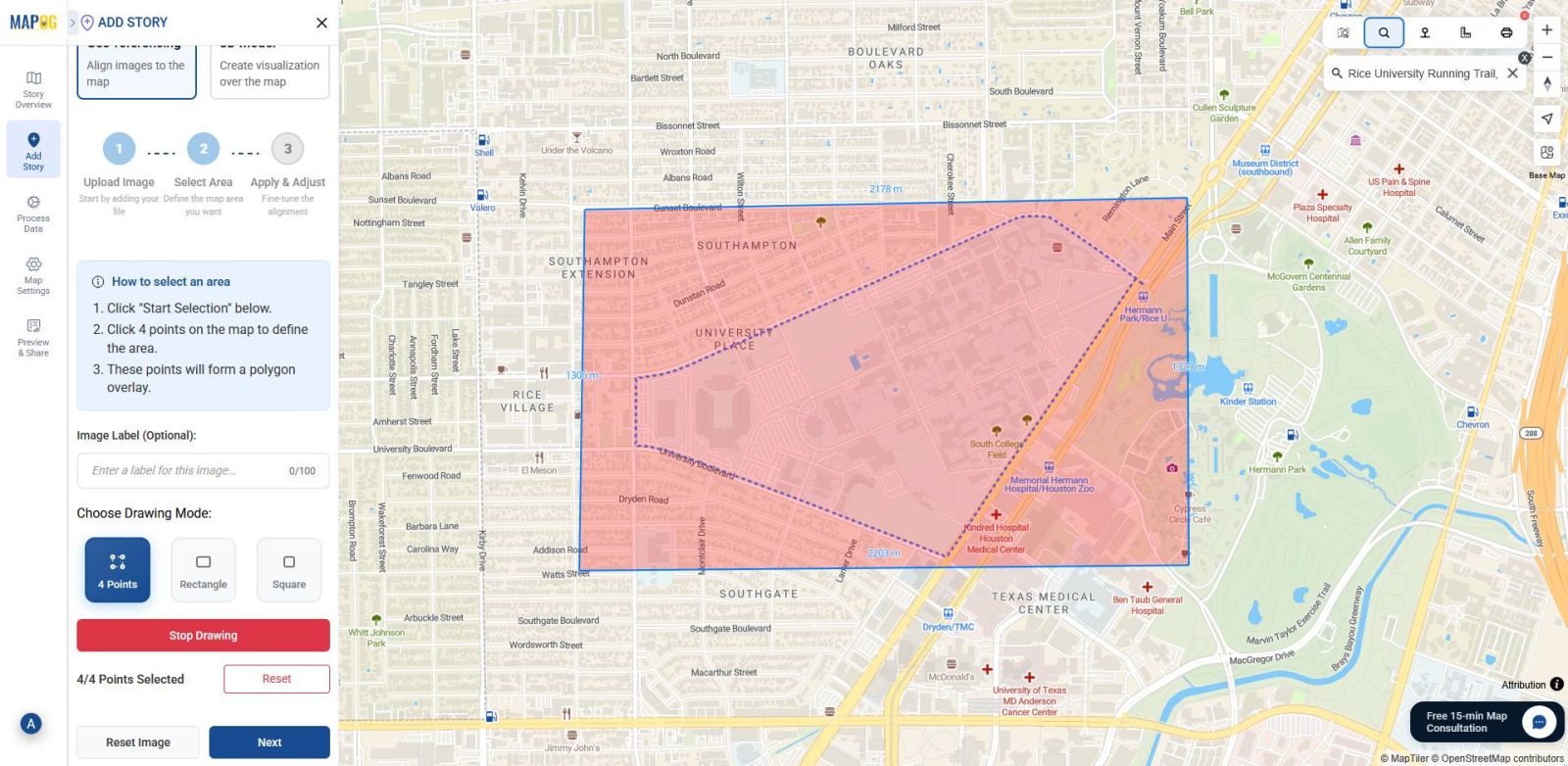 Marking the region of interest on the base-map to define placement boundaries for the PNG overlay.
