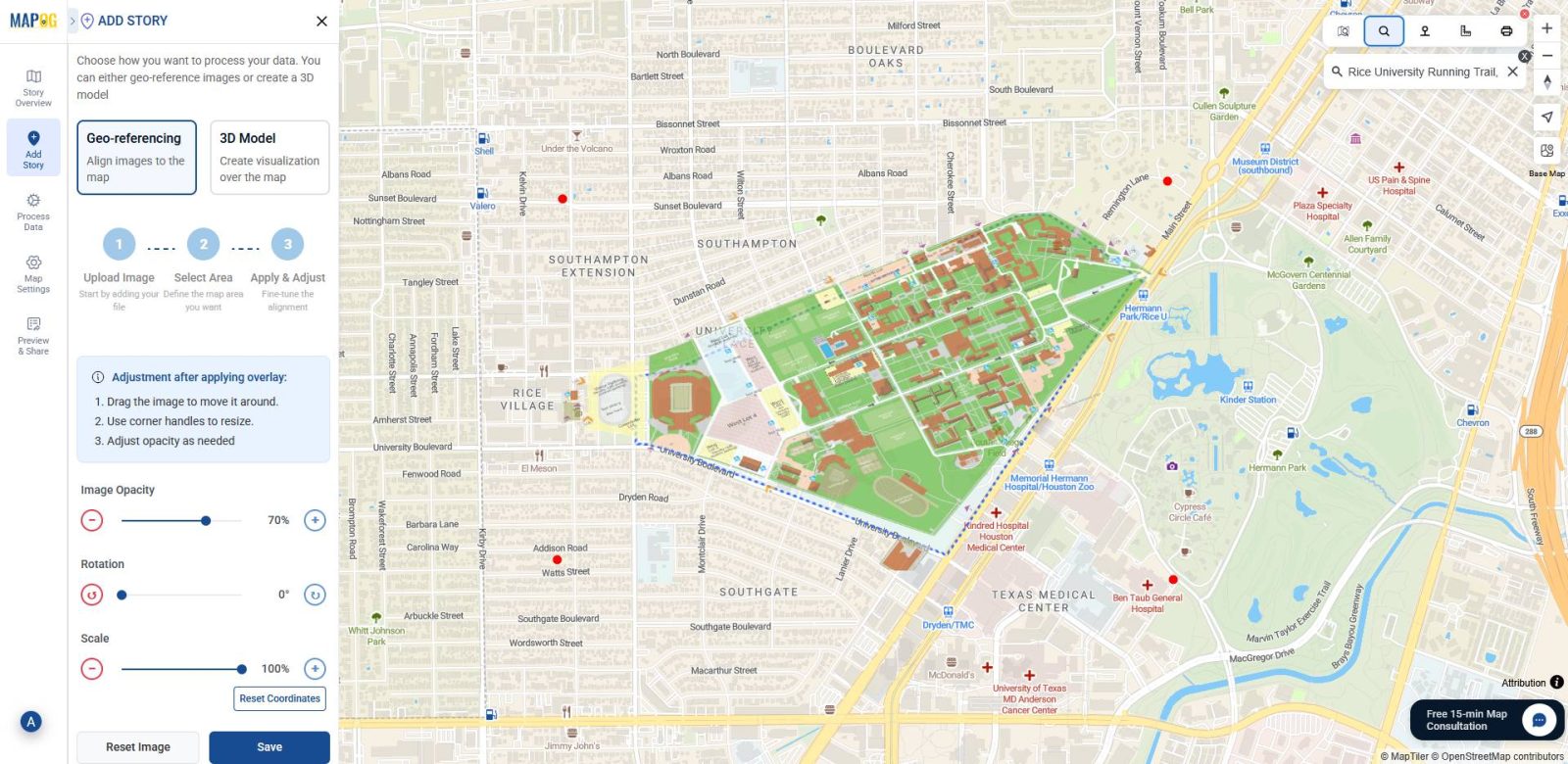 Shows campus layout PNG being aligned with the base-map using corner points, opacity slider, and rotation tools for accurate georeferenced overlay.