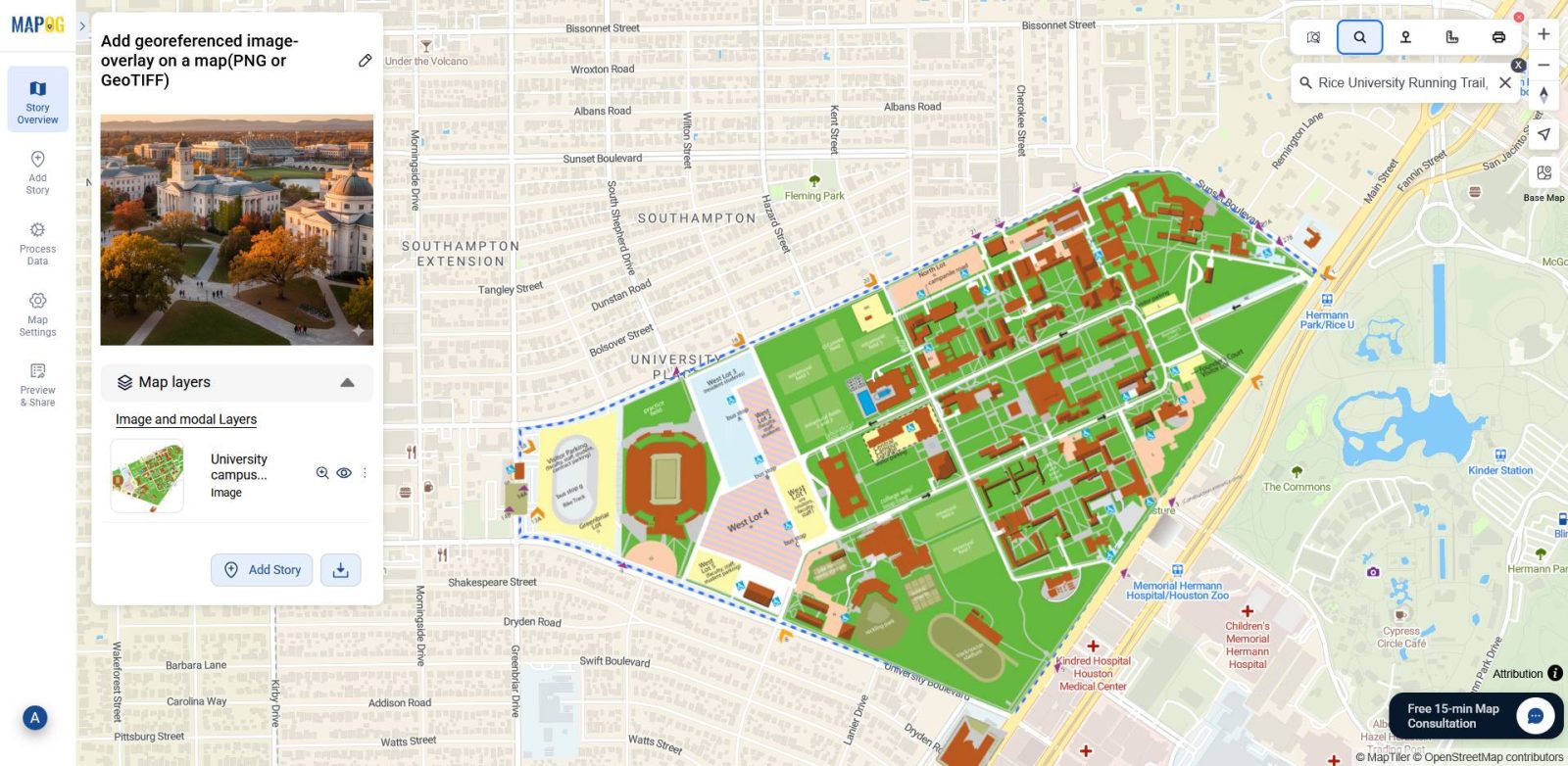 Final adjustments and saved placement of a georeferenced PNG overlay on the base-map, showing accurate alignment with landmarks like roads and buildings.