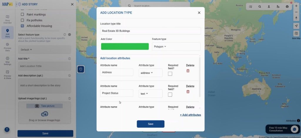 Real estate project map with features & atributes