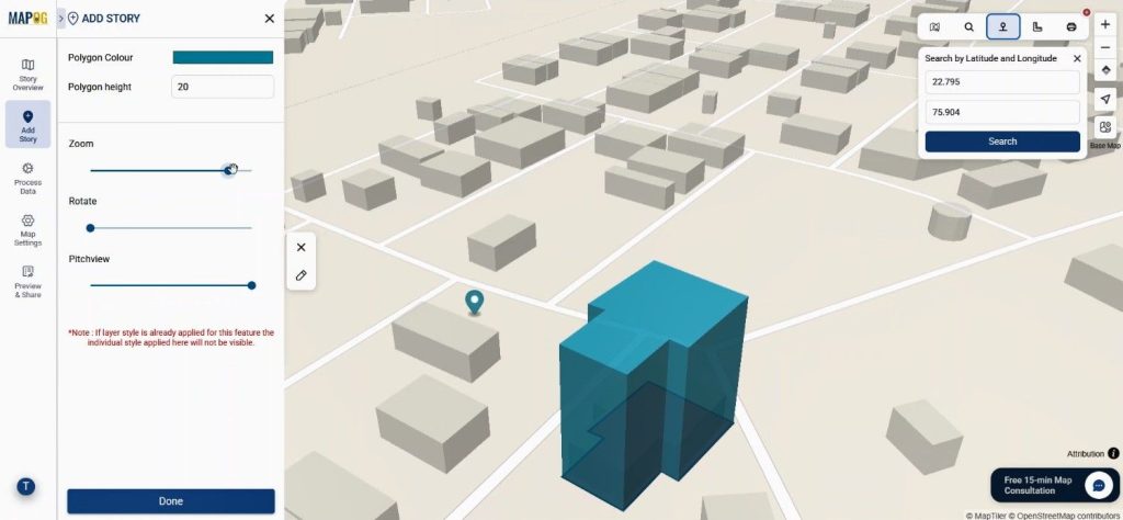 A customized 3D map showing real estate buildings with different heights and colors