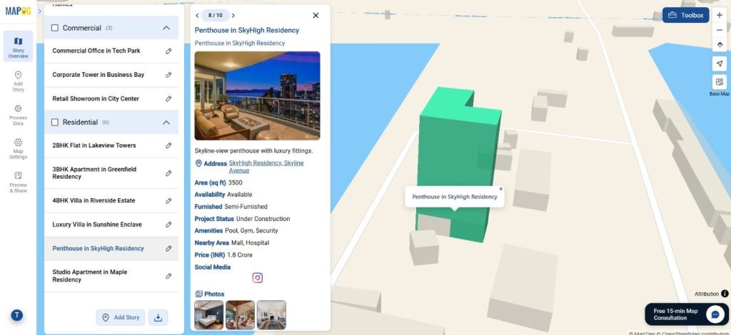 Real estate 3D building map with added attributes like price and availability