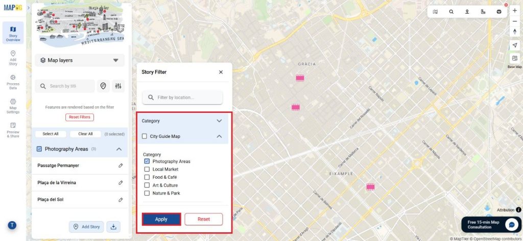 A filter panel where users refine map data based on story location type.