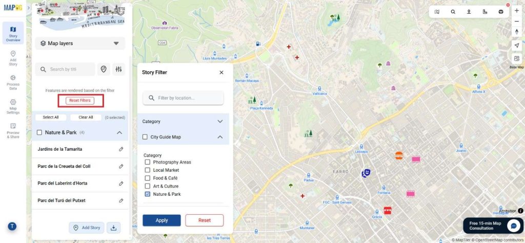A user toggling category filters and resetting them to view all points again