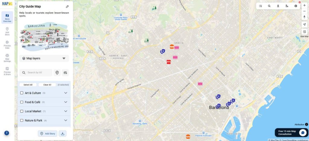 A city guide map organized by categories like food, art, nature, and markets with category filter toggles visible.