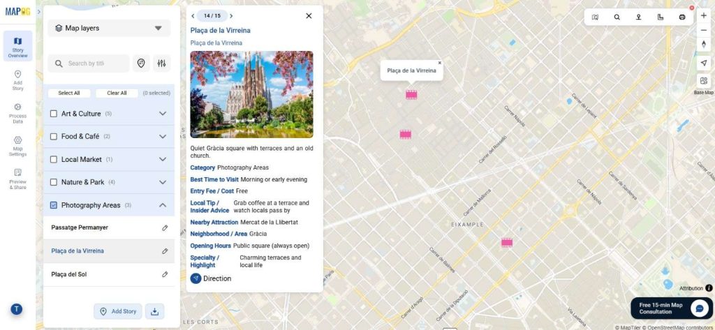 A city guide map filtering photographic locations.