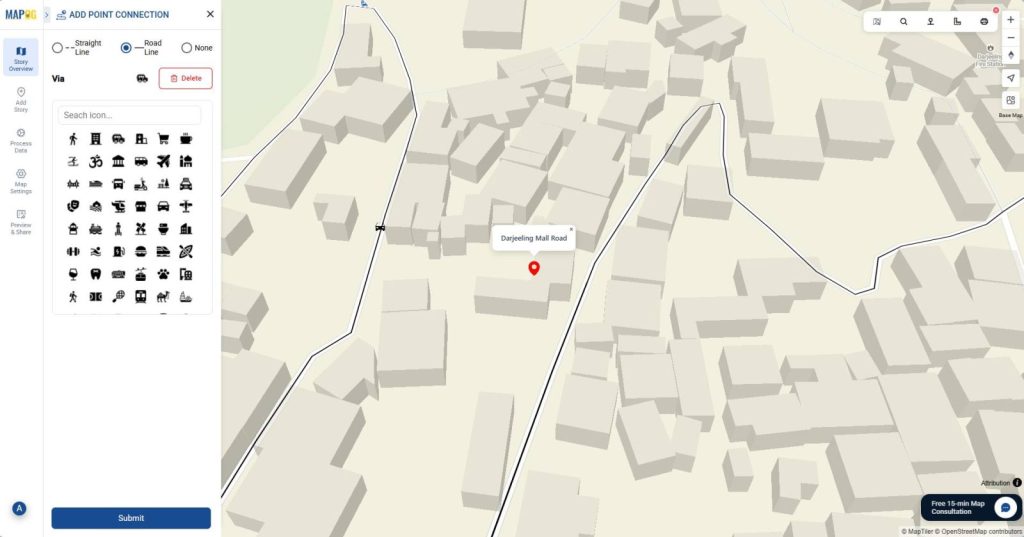 Connecting travel stops with route lines on map