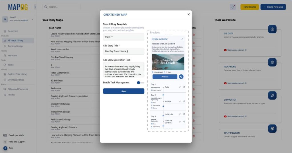 MAPOG interface for building interactive maps vs static maps travel itineraries