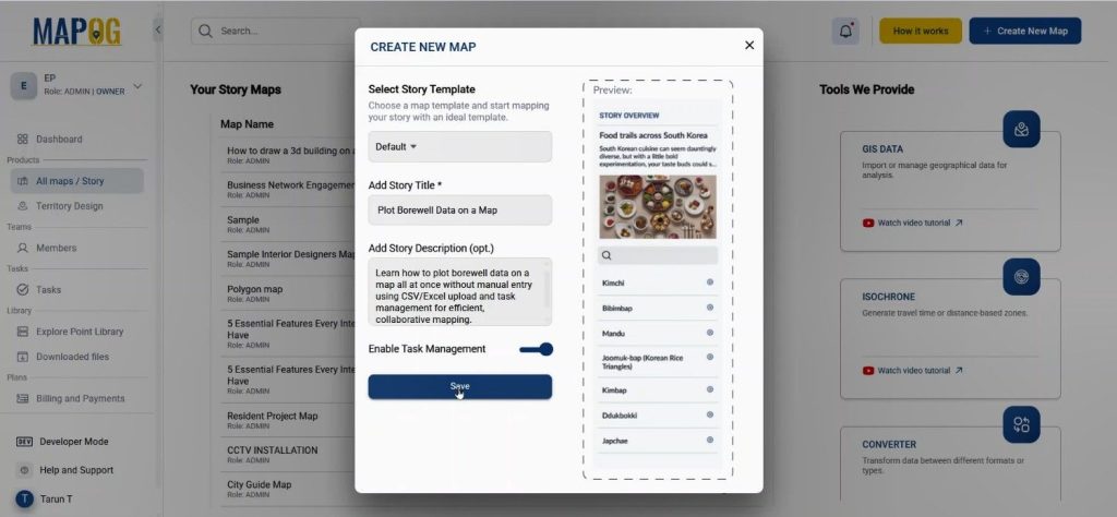 Interactive map dashboard prepared for plotting borewell data on a map.