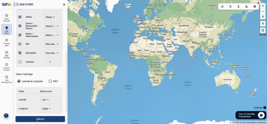 Borewell points automatically plotted on a geographic map from uploaded data.