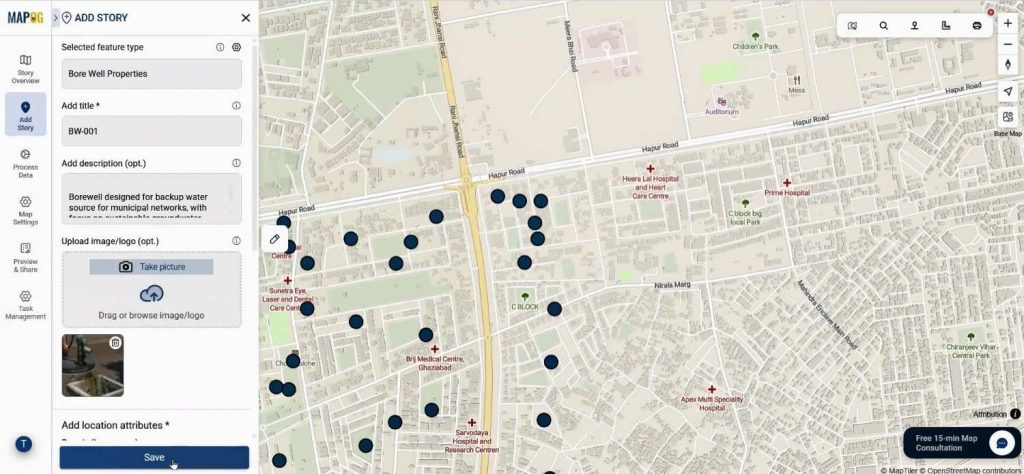 Borewell point details with added images and water quality information.