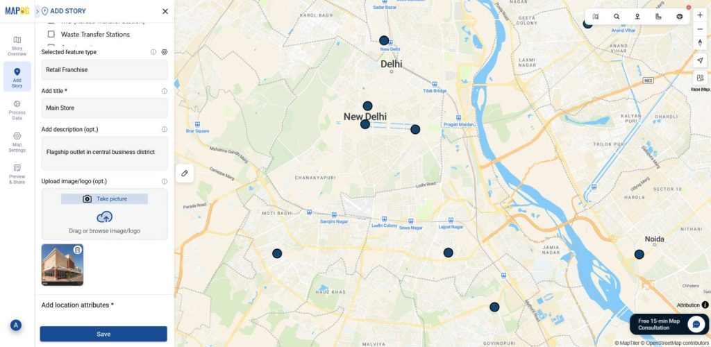 Image upload panel for enriching map points with visual context.