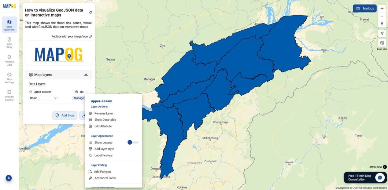 shows layer panel to style and configure attributes for GeoJSON data visualization.