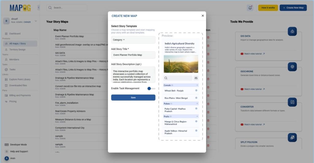 An interactive portfolio map setup with title and description.