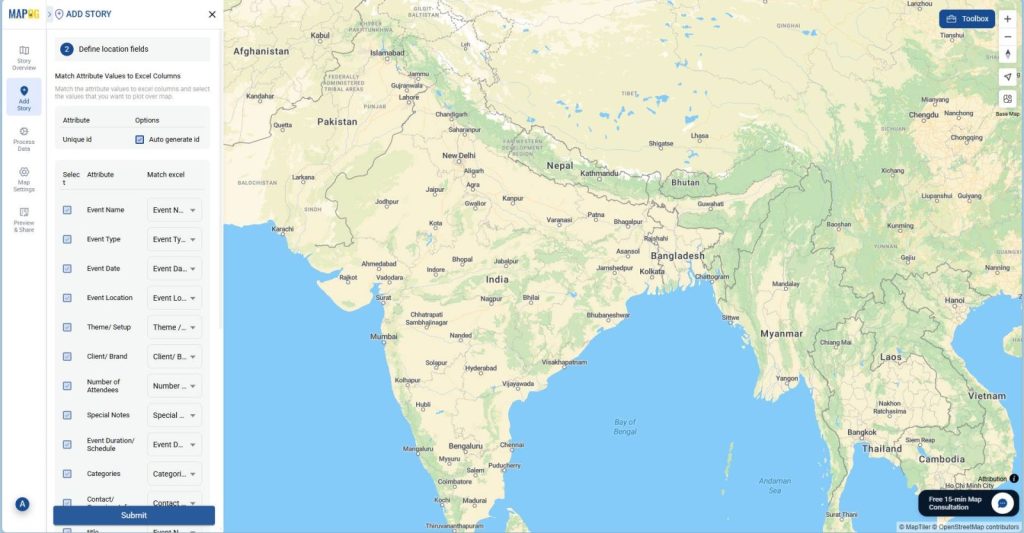 Match Excel/CSV columns to the attributes, select Latitude and Longitude for locations.