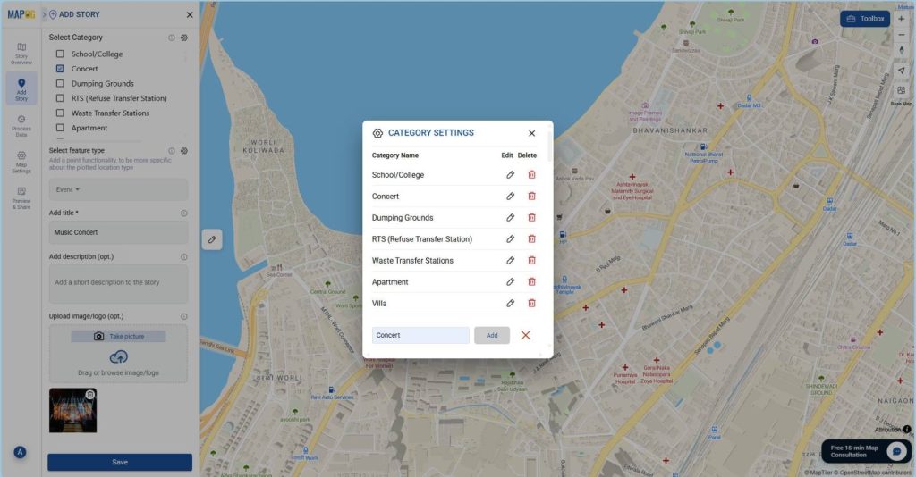 Group projects into categories such as Concert, Wedding, Corporate, Exhibition, and Charity.