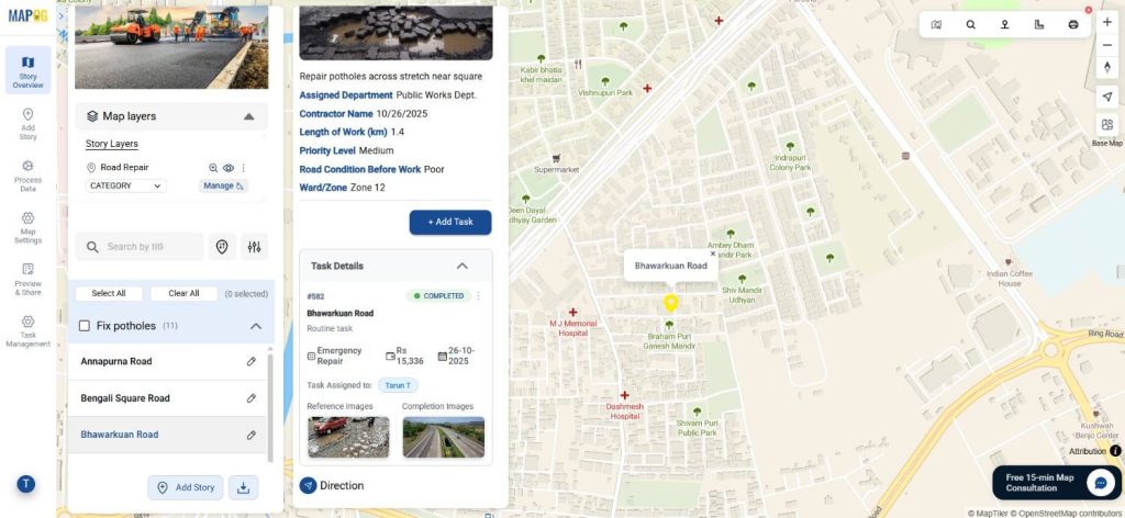 A road repair project map showing tasks divided into completed and pending categories.
