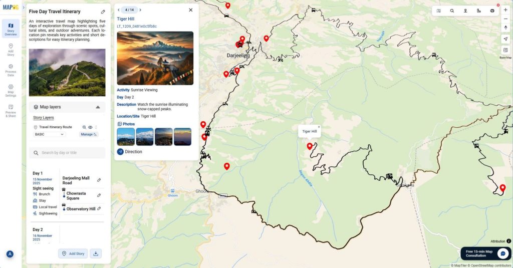 Interactive map showing travel itinerary