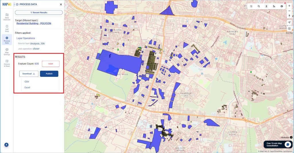 Publish the filtered result and optionally download the data as CSV or Excel.