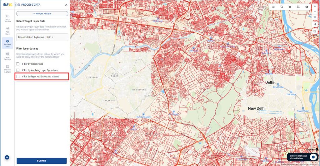Select the target layer from the “Select Target Layer Data” dropdown. Next select “Filter by layer Attributes and Values”.